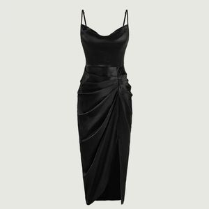 Solid draped collar ruched split thigh satin cami dress